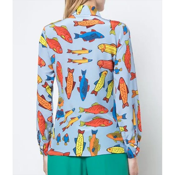 NWT LHD Star Island Blouse Shirt Silk Blue Corsican Trout Print Fish Colorful 4 - Picture 3 of 12